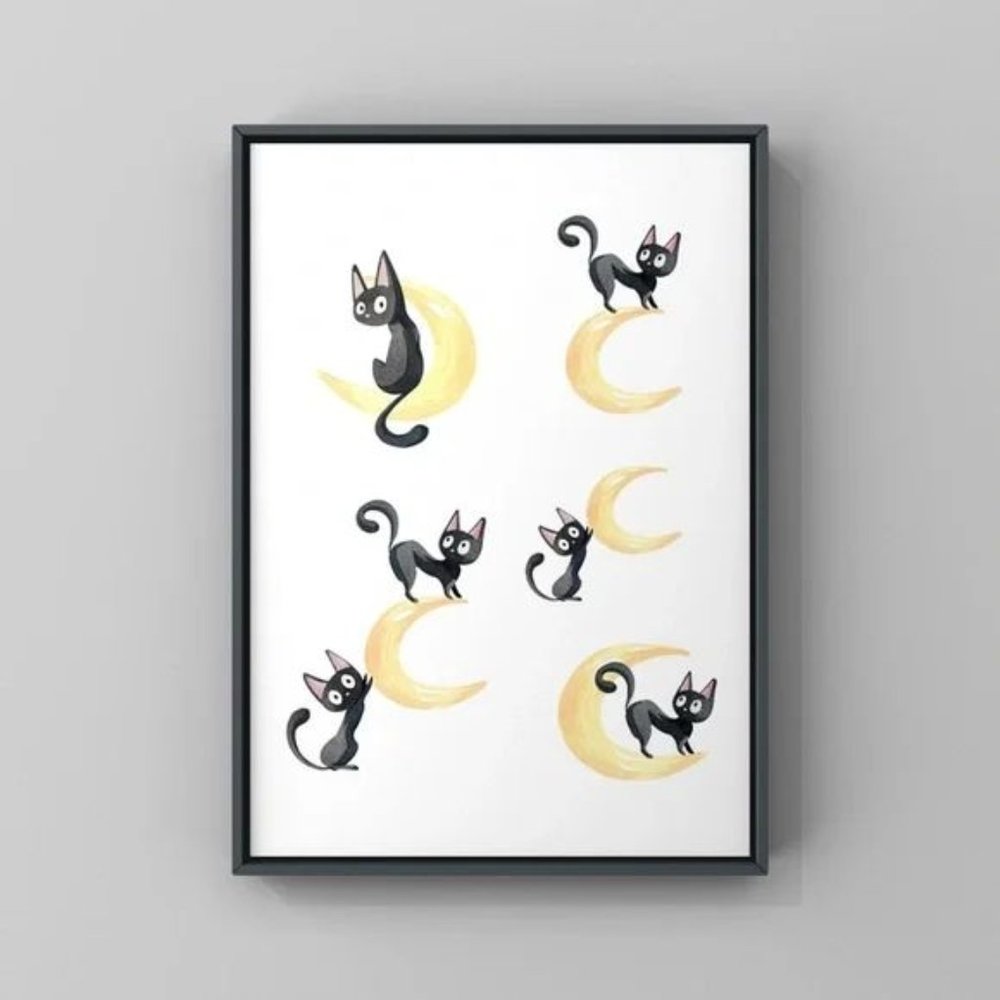 Funky playing cats and moon art prints